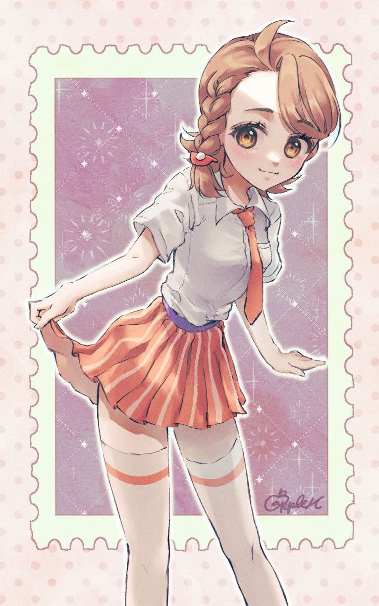 1girl adapted_costume ahoge alternate_costume blush braid breast_pocket breasts brown_eyes brown_hair collared_shirt eyelashes hair_ornament hairclip highres juliana_(pokemon) looking_down minatoya_ringo naranja_academy_school_uniform necktie nintendo orange_necktie orange_skirt pleated_skirt pocket poke_ball_hair_ornament pokemon pokemon_sv postage_stamp school_uniform shirt short_sleeves side_braid skirt skirt_hold small_breasts smile solo striped_clothes striped_skirt thighhighs vertical-striped_clothes vertical-striped_skirt white_thighhighs