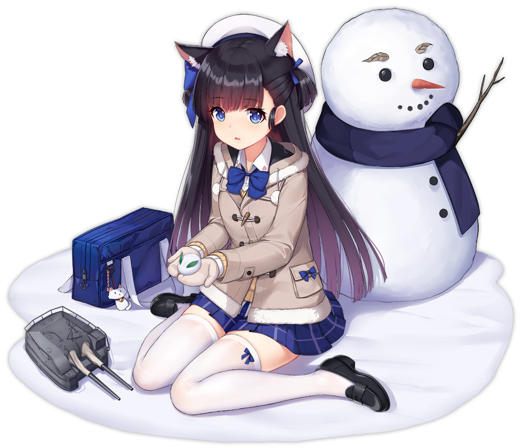 1girl :d allenes alternate_costume animal_ear_fluff animal_ears azur_lane bag bag_charm black_shoes blue_bow blue_eyes blue_skirt blush bow brown_hair brown_jacket brown_mittens cannon cat_ears charm_(object) closed_mouth collared_shirt female_focus full_body hatsuharu_(azur_lane) hatsuharu_(snow_day_hatsuharu)_(azur_lane) headset holding jacket loafers long_hair long_sleeves looking_at_viewer mittens official_art open_mouth parted_lips pleated_skirt school_bag ship_turret shirt shoes sitting skirt smile snow snow_rabbit snowman solo thighhighs transparent_background very_long_hair wariza white_shirt white_thighhighs