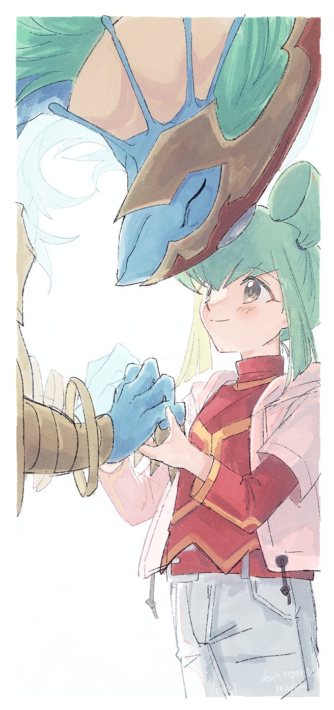 1girl ancient_fairy_dragon blush closed_eyes cowboy_shot de_hlt dragon green_hair highres holding_hands hood hooded_jacket jacket luca_(yu-gi-oh!) pants pink_jacket red_shirt shirt white_pants yu-gi-oh! yu-gi-oh!_5d&#039;s