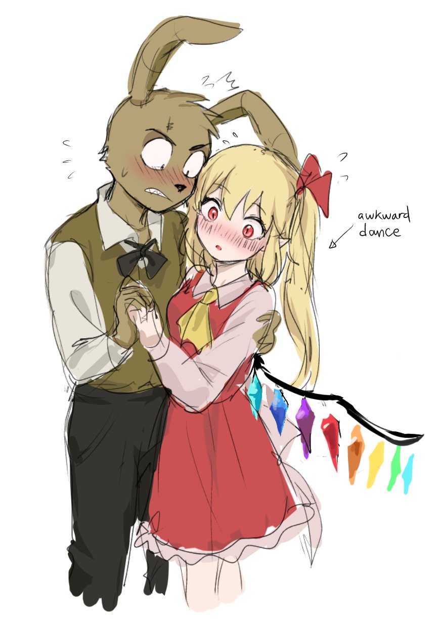1boy 1girl ^^^ animal_ears animal_nose arrow_(symbol) ascot back_bow black_bow black_bowtie black_eyes black_pants blonde_hair blush bow bowtie brown_fur brown_vest collared_shirt commentary cowboy_shot crossover crystal_wings dancing dress english_commentary english_text five_nights_at_freddy&#039;s flandre_scarlet flying_sweatdrops frills furry furry_male hair_between_eyes hair_ribbon hetero highres himuhino holding_hands long_hair long_sleeves looking_at_another multicolored_wings nervous no_headwear one_side_up open_mouth pants pinafore_dress pink_shirt plushtrap pointy_ears puffy_long_sleeves puffy_sleeves rabbit_boy rabbit_ears red_dress red_eyes red_ribbon ribbon sharp_teeth shirt simple_background sleeveless sleeveless_dress standing sweatdrop teeth touhou v-shaped_eyebrows vest white_background white_bow white_shirt wings yellow_ascot