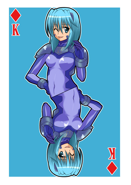 00s 1girl blue_hair card card_(medium) eyebrows king_(playing_card) king_of_diamonds lyrical_nanoha mahou_shoujo_lyrical_nanoha mahou_shoujo_lyrical_nanoha_strikers multiple_views numbers_(nanoha) playing_card sein_(nanoha) zerosu_(take_out)