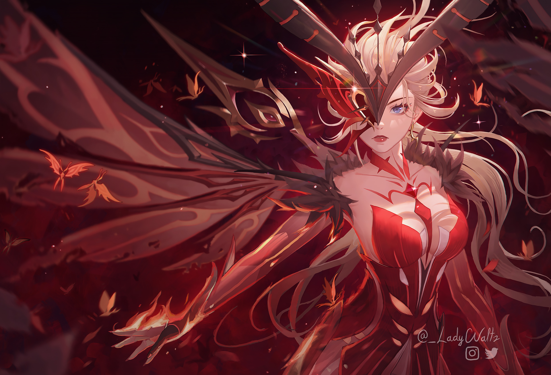 1girl bare_shoulders blonde_hair blue_eyes breasts cleavage dress earrings eye_mask fire floating_earrings genshin_impact half_mask highres jewelry ladywaltz large_breasts long_hair mask mask_over_one_eye one_eye_covered outstretched_arm red_dress signora_(crimson_witch_of_embers)_(genshin_impact) signora_(genshin_impact)