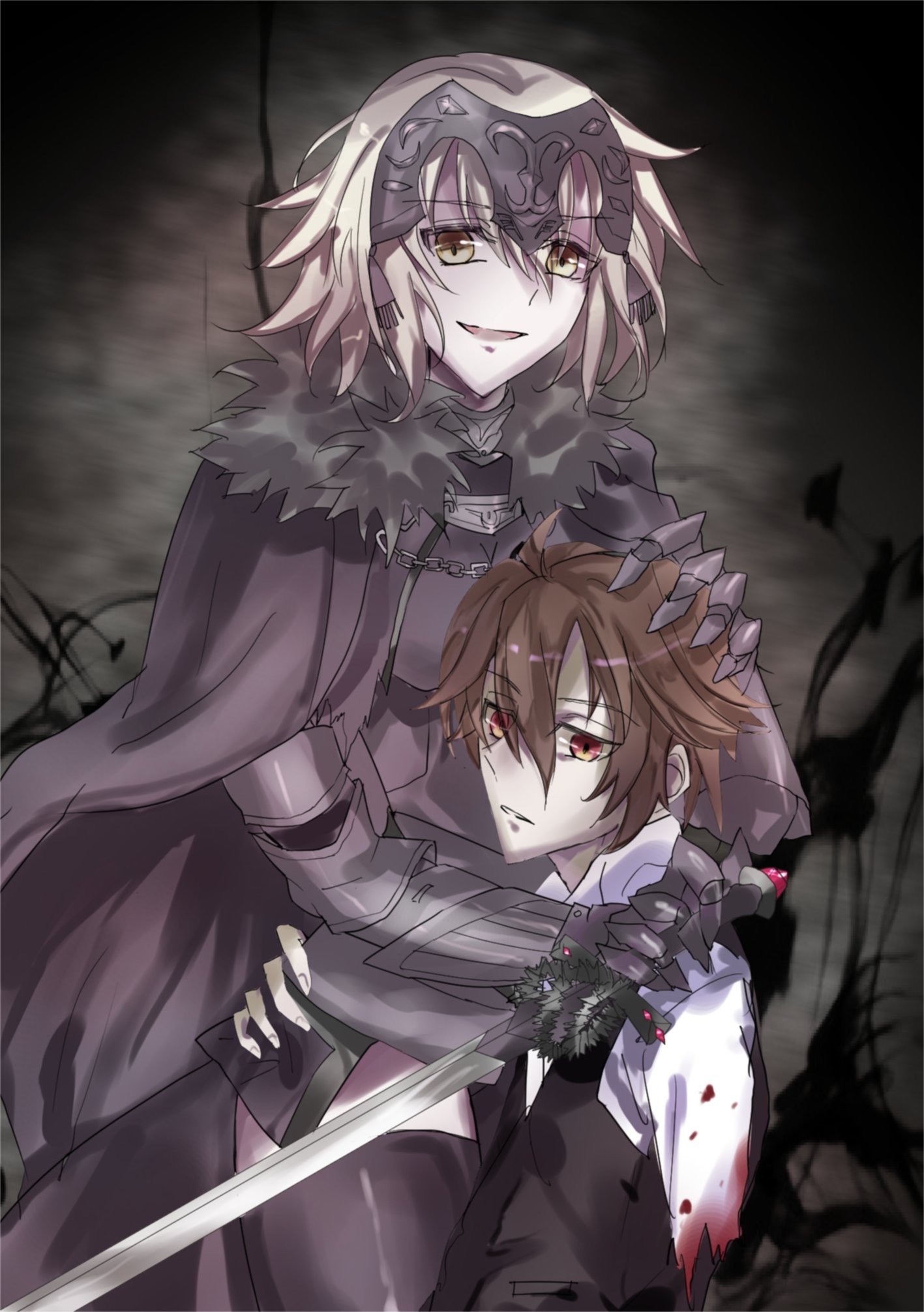 1boy 1girl ahoge armor bad_id bad_pixiv_id black_cape black_thighhighs blonde_hair breasts brown_hair cape collared_shirt cowboy_shot dress fate/apocrypha fate/grand_order fate_(series) fur_collar fur_trim gauntlets hair_between_eyes headpiece highres holding holding_weapon jeanne_d'arc_(fate) jeanne_d'arc_(ruler)_(fate) jeanne_d'arc_alter_(avenger)_(fate) jeanne_d'arc_alter_(fate) li long_sleeves looking_away parted_lips red_eyes shirt short_hair side_slit sieg_(fate) sleeves_past_wrists smile sword thighhighs vambraces weapon white_shirt
