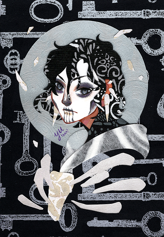 1girl black_hair black_shirt bone circle commentary cropped_torso dark-skinned_female dark_skin english_commentary facepaint grey_cloak grey_eyes grey_theme harrow_the_ninth harrowhark_nonagesimus high_collar jewelry key_print looking_at_viewer multiple_piercings paper_cutout_(medium) papercraft_(medium) patterned_hair print_shirt shirt short_hair signature skull_facepaint solo the_locked_tomb turtleneck unconventional_media yutaan