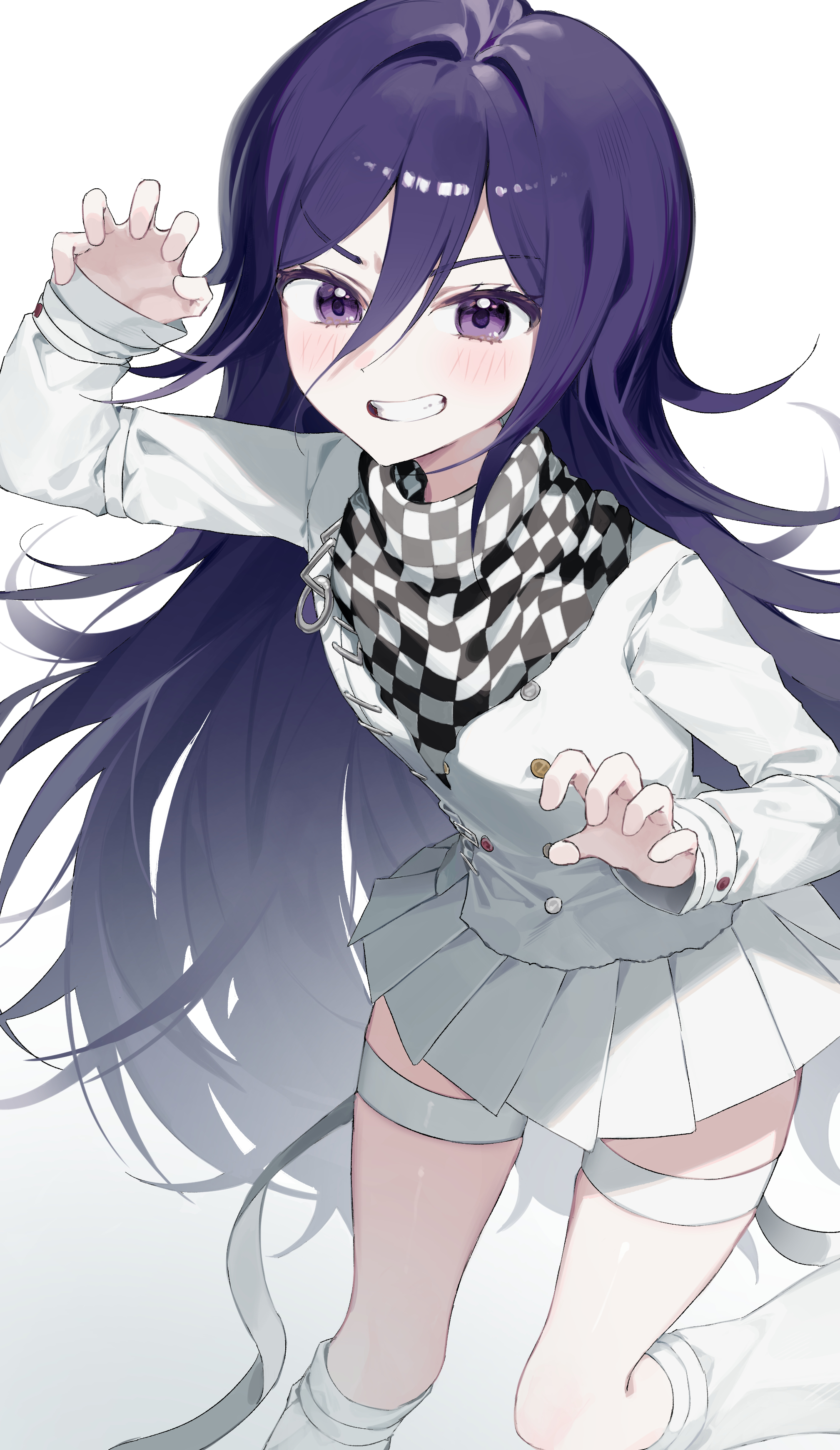 1girl absurdres blush buttons chama_(chacoc0) checkered_neckerchief danganronpa_(series) danganronpa_v3:_killing_harmony double-breasted feet_out_of_frame grin hair_between_eyes hand_up highres jacket long_hair long_sleeves miniskirt neckerchief oma_kokichi pink_eyes pleated_skirt purple_hair skirt smile socks solo teeth white_background white_jacket white_skirt white_socks