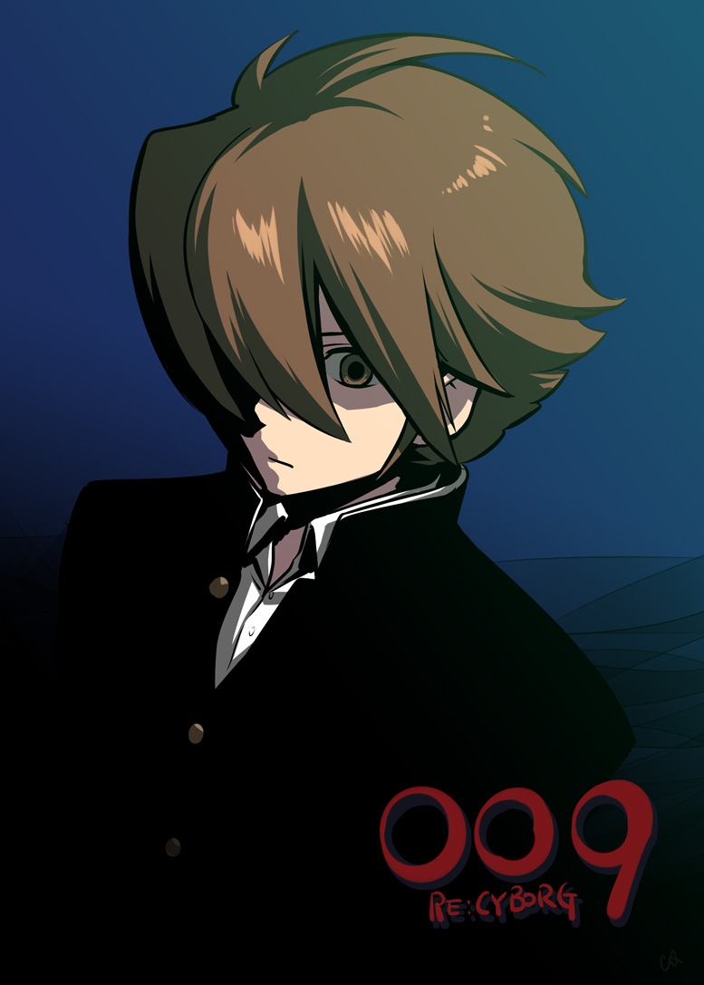 009_re:cyborg 10s 1boy brown_eyes brown_hair caffein copyright_name cyborg_009 english_text formal_clothes hair_over_one_eye male_focus shimamura_joe solo suit