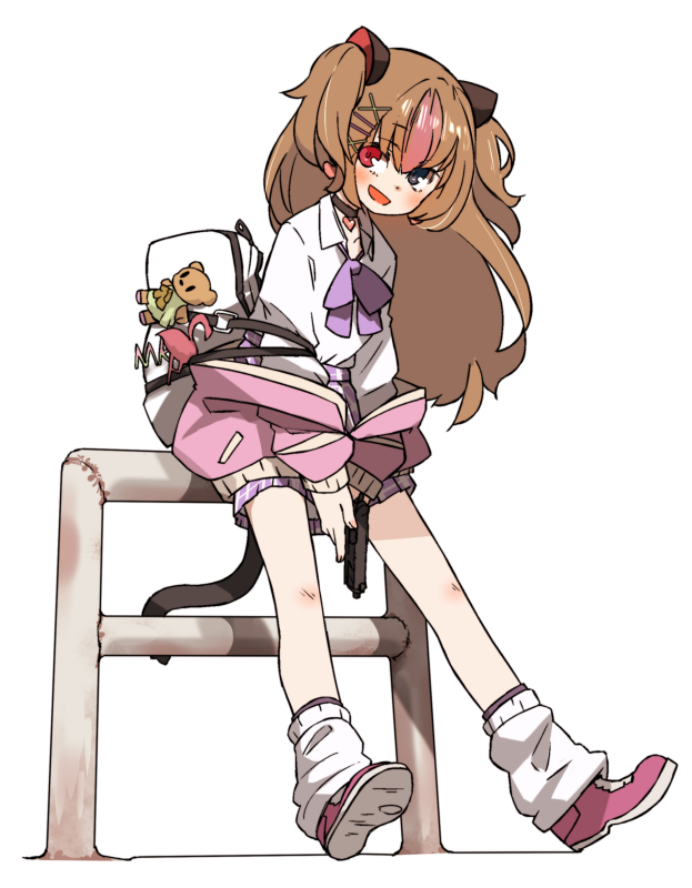 1girl :d amonitto bag brown_hair cat_tail choker clothes_down female_focus girls&#039;_frontline gun h&amp;k_mark_23 hair_ornament handgun heckler_&amp;_koch heterochromia jacket leg_warmers long_hair match_grade match_grade_firearm match_grade_pistol mk23_(girls&#039;_frontline) mk23_(new_term_begins_with_a_meow)_(girls&#039;_frontline) offensive_handgun open_mouth red_eyes shoulder_bag skirt smile solo stuffed_animal stuffed_toy tail teddy_bear weapon