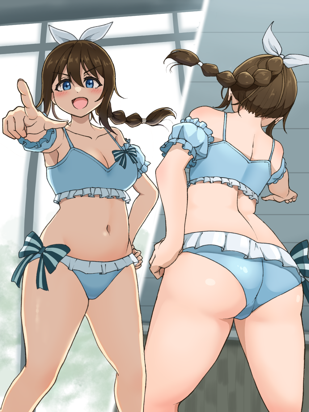 1girl :d ass back bikini blue_bikini blush breasts brown_hair cleavage collarbone commentary_request frilled_bikini frills hair_between_eyes hand_on_own_hip highres index_finger_raised indoors long_hair love_live! love_live!_nijigasaki_high_school_idol_club love_live!_nijigasaki_high_school_idol_club_the_movie_-_finale medium_breasts momo_mochi_(favk5328) multi-tied_hair multiple_views navel open_mouth osaka_shizuku ponytail sidelocks smile stomach swimsuit v-shaped_eyebrows window