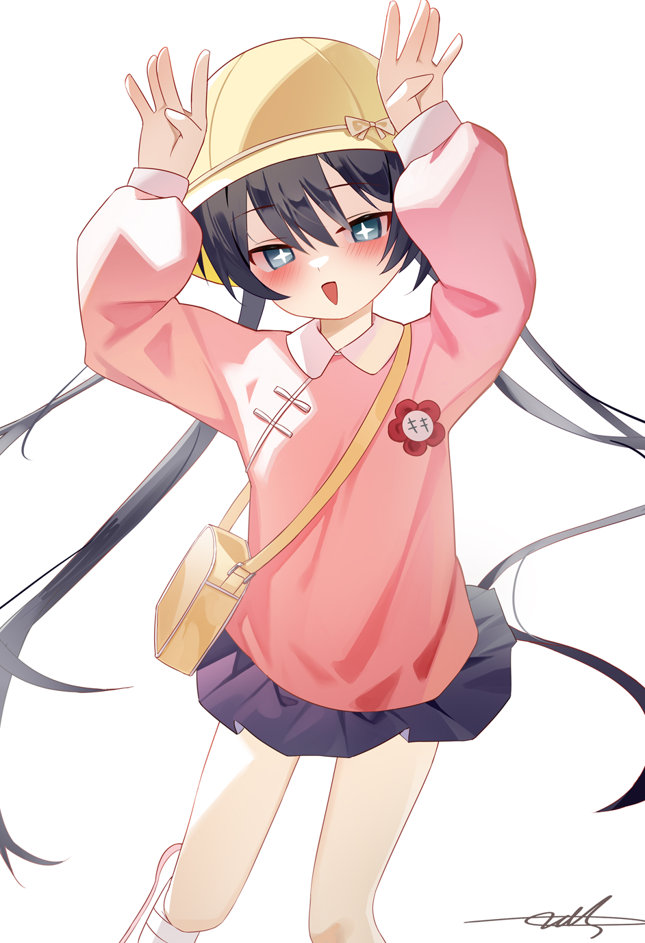 +_+ 1girl age_regression aged_down bag black_hair blue_archive blush flower_pin grey_eyes hat highres kindergarten_bag kindergarten_uniform kisaki_(blue_archive) kisaki_(kindergarten_uniform)_(blue_archive) long_hair long_sleeves looking_at_viewer name_tag out_of_character pink_shirt pleated_skirt sakutaishi school_hat shirt skirt smile smock twintails yellow_bag yellow_hat