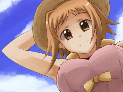 10s 1girl azumaya_hironaru bow breasts brown_eyes brown_hair cloud day dieci_(nanoha) dress female_focus hair_bow hat large_breasts looking_at_viewer looking_down lowres lyrical_nanoha mahou_shoujo_lyrical_nanoha_vivid numbers_(nanoha) pov sky solo sun_hat