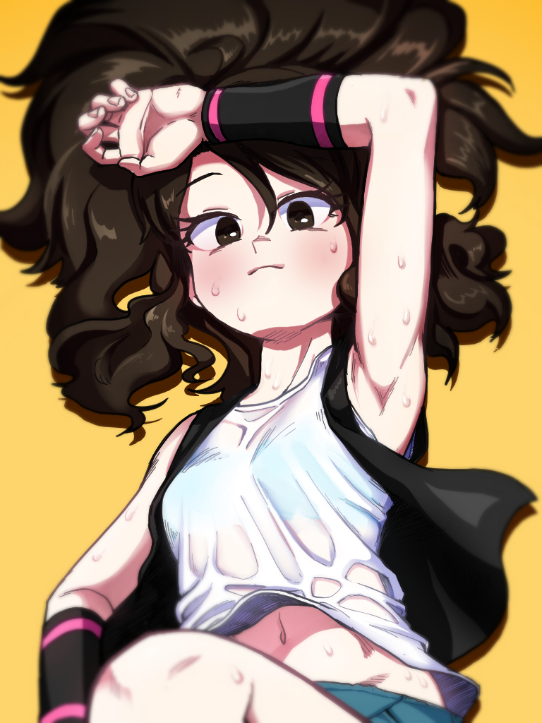 1girl arm_up armpits black_vest blurry blush bra_visible_through_clothes brown_hair closed_mouth commentary eyelashes heydove hilda_(pokemon) long_hair lying navel nintendo on_back pokemon pokemon_bw see-through_clothes shirt sidelocks sleeveless sleeveless_shirt solo sweat vest wet wet_clothes wet_shirt white_shirt wristband