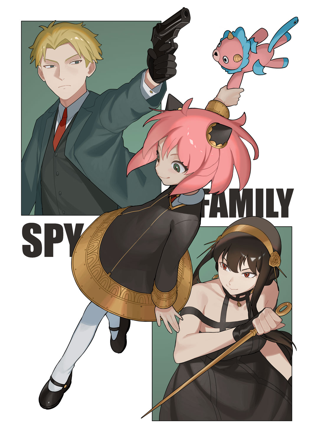 1boy 2girls \||/ ahoge aiming antenna_hair anya_(spy_x_family) arm_above_head arm_at_side arm_up bare_shoulders black_dress black_gloves black_shoes black_vest blonde_hair border braid breasts brown_hair buttoned_cuffs buttons child closed_mouth collarbone collared_dress collared_shirt commentary cone_hair_bun copyright_name curtained_hair dagger double-parted_bangs double_bun dress drill_hair drill_sidelocks earrings english_commentary english_text eyebrows_hidden_by_hair facing_viewer fighting_stance fingerless_gloves flat_chest floating floating_hair flower_hairband from_side full_body furrowed_brow glaring gloves gold_dress gold_earrings gold_hairband gold_sleeve_cuffs gold_trim green_background green_eyes green_jacket gun hair_bun hair_flaps hairband hairpods half-closed_eyes hand_up handgun head_tilt highres holding holding_gun holding_knife holding_stuffed_toy holding_weapon jacket jewelry karassawa knife lapels leaning_forward leg_up light_frown long_eyelashes long_sidelocks long_sleeves looking_down looking_to_the_side mary_janes medium_breasts multiple_girls nape_braid narrowed_eyes neckerchief necktie notched_lapels off-shoulder_dress off_shoulder open_clothes open_hand open_jacket outside_border parted_bangs pendant pink_hair raised_eyebrows red_eyes red_neckerchief red_necktie reverse_grip serious shirt shirt_under_dress shoes short_dress short_hair short_hair_with_long_locks sideburns sidelocks single_braid smile socks spy_x_family stiletto_(weapon) stuffed_animal stuffed_toy suit_jacket thick_eyelashes thighhighs tsurime turning_head twilight_(spy_x_family) two-tone_dress upper_body v-neck v-shaped_eyebrows vest waistcoat weapon white_background white_border white_shirt white_socks white_thighhighs wide-eyed wing_collar yor_briar