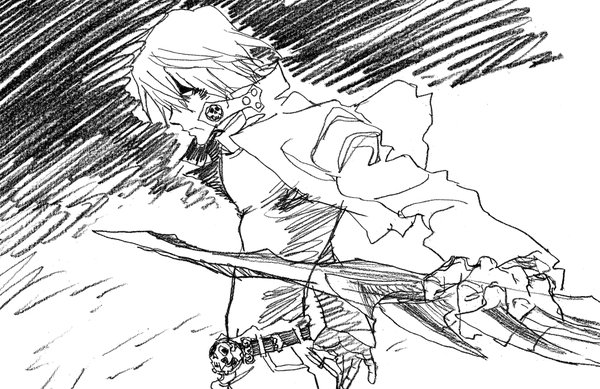 1boy belt blank_eyes greyscale kekkai_sensen male_focus md5_mismatch monochrome nakamura_yutaka resized sketch solo sword weapon zap_renfro