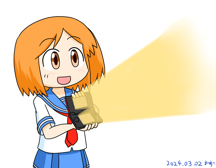 1girl blue_skirt brown_eyes brown_hair handheld_game_console nintendo_ds sailor_collar skirt