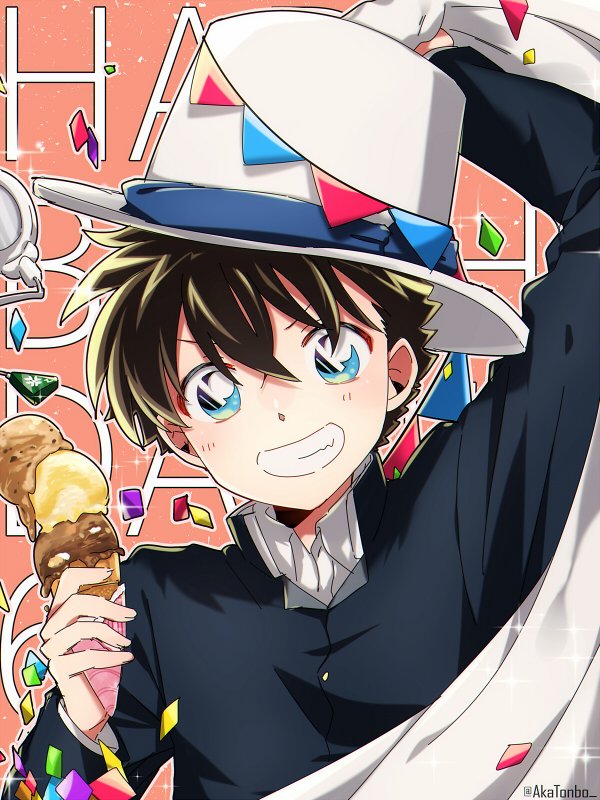 1boy aka_tonbo_(lililil) arm_up black_hair blue_eyes blue_ribbon commentary_request confetti food gakuran grin happy_birthday hat hat_ribbon holding holding_food holding_ice_cream ice_cream ice_cream_cone kuroba_kaito looking_at_viewer magic_kaito male_focus monocle ribbon school_uniform shirt short_hair smile top_hat twitter_username unworn_eyewear upper_body v-shaped_eyebrows white_hat white_shirt