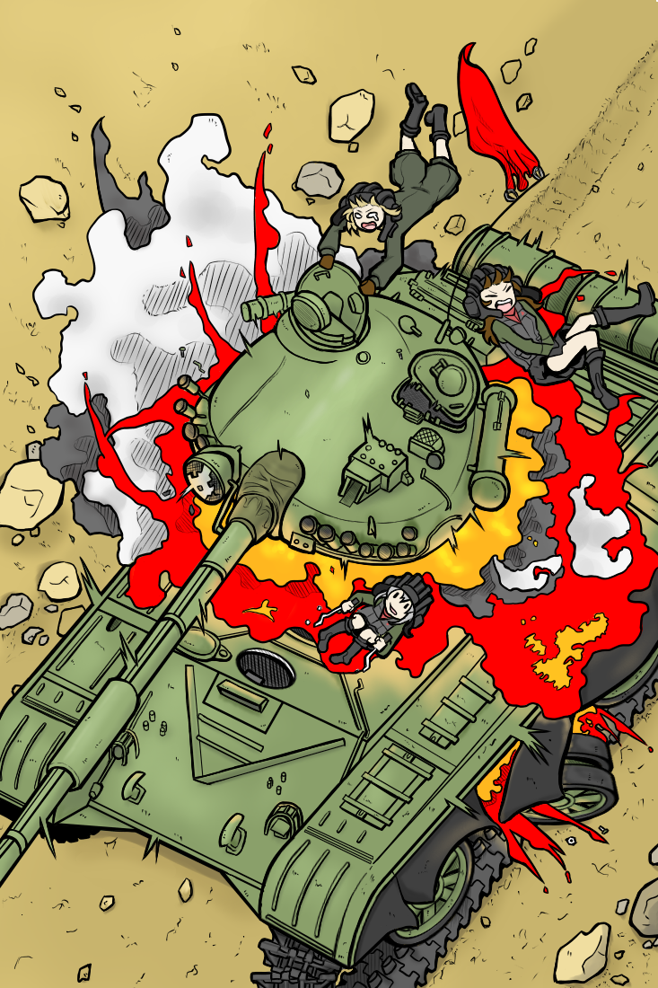 10s 3girls artist_request blonde_hair brown_hair crying fire flag girls_und_panzer grey_hair katyusha_(girls_und_panzer) long_hair military military_vehicle motor_vehicle multiple_girls rock short_hair smoke t-72 tank