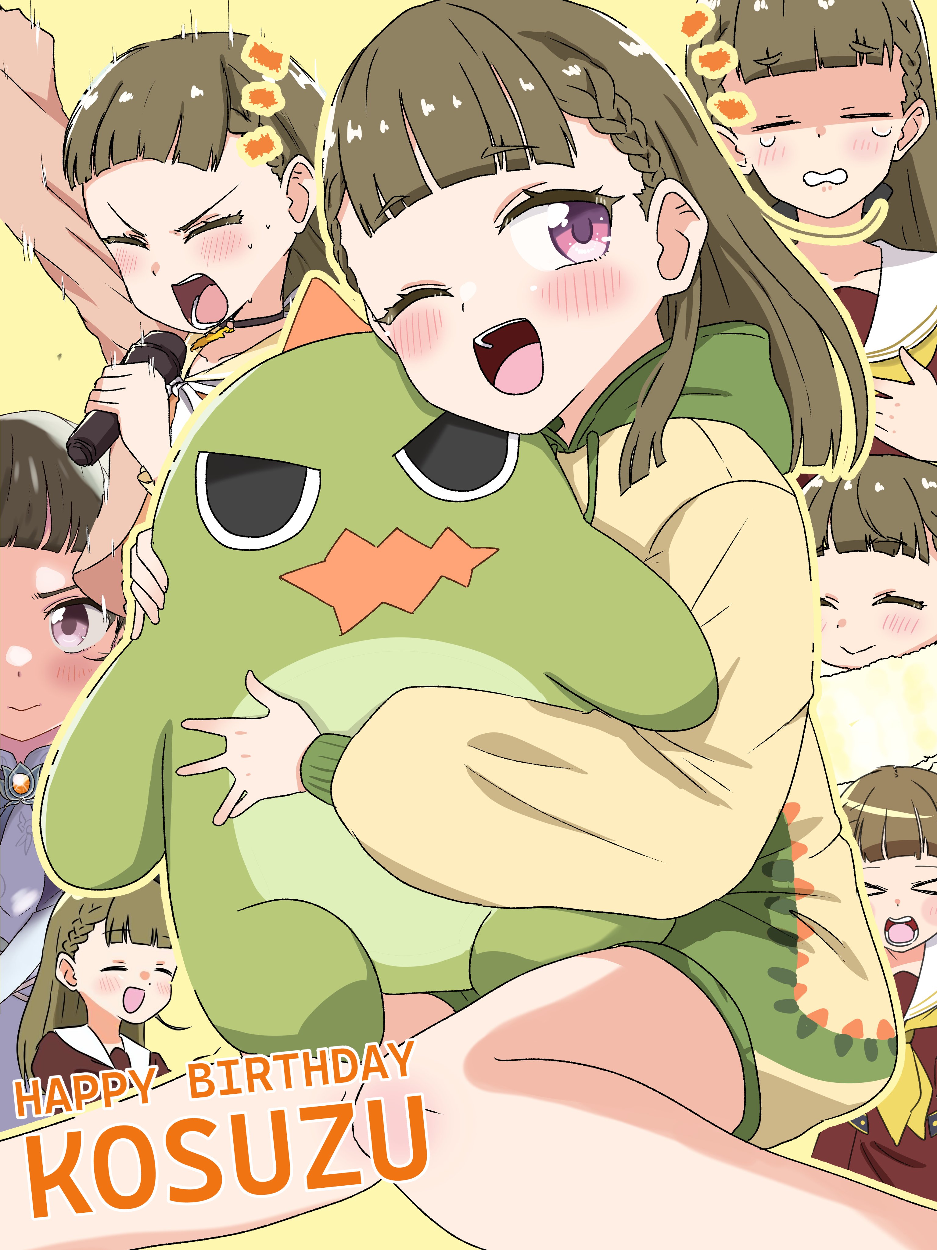 >_< 1girl ;d ^_^ absurdres aurora_flower_(love_live!) black_choker bloom_the_smile_bloom_the_dream! blush braid brown_dress brown_hair center-flap_bangs choker closed_eyes closed_mouth commentary_request crying dress feet_out_of_frame hasu_no_sora_school_uniform highres holding holding_stuffed_toy jacket kachimachi_kosuzu kachimachi_kosuzu_(summer_loungewear) kanzaki_gou knees_together_feet_apart link!_like!_love_live! long_hair long_sleeves looking_at_viewer love_live! multiple_views neckerchief notice_lines official_alternate_costume one_eye_closed open_clothes open_jacket open_mouth orange_jacket peanut_mouth pink_eyes sailor_collar sailor_dress school_uniform side_braids sitting smile straight_hair stuffed_dinosaur stuffed_toy teeth v-shaped_eyebrows v-shaped_eyes virtual_youtuber white_sailor_collar winter_uniform yellow_background yellow_neckerchief