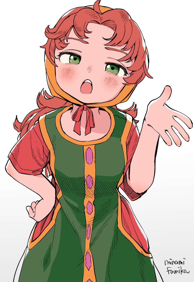 1girl blush brown_hair curly_hair dragon_quest dragon_quest_vii dress green_eyes highres hood long_hair looking_at_viewer maribel_(dq7) miyama_(kannsannn) open_mouth simple_background solo white_background