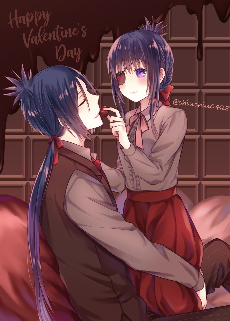 1boy 1girl alternate_costume blue_hair blush chocolate chrome_dokuro closed_eyes commentary_request couple english_text feeding formal_clothes hand_on_another&#039;s_shoulder happy_valentine hetero highres hihibi katekyo_hitman_reborn! long_hair on_lap purple_eyes purple_hair rokudou_mukuro smile valentine