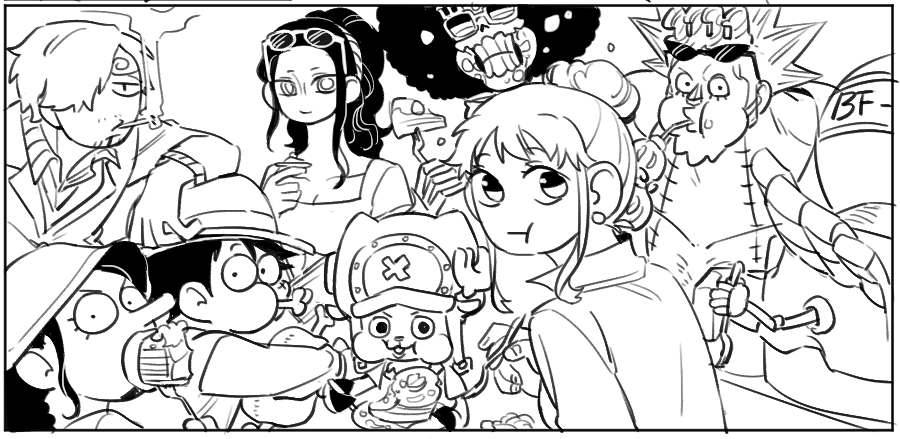 2girls 6+boys afro antlers brook_(one_piece) cigarette commentary_request cross curly_eyebrows eating eyewear_on_head facial_hair franky_(one_piece) goatee greyscale hair_over_one_eye hat horns korean_commentary long_nose looking_at_viewer looking_back lower_eyelashes_only monkey_d._luffy monochrome multiple_boys multiple_girls mustache nami_(one_piece) nico_robin one_piece ponytail reindeer_antlers roqkq_0301 sanji_(one_piece) short_hair sideburns sidelocks simple_background skeleton smoke stitched_torso stitches straw_hat tony_tony_chopper usopp