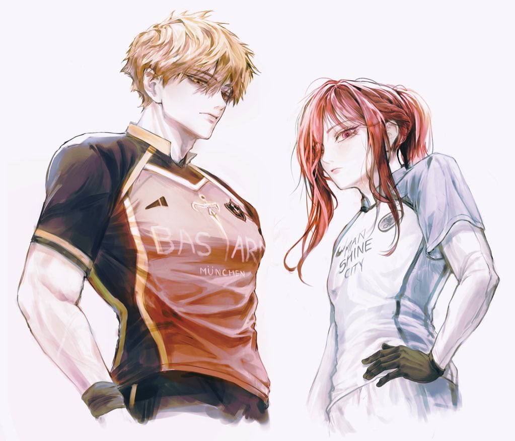 2boys black_gloves blonde_hair blue_lock bracelet chigiri_hyoma closed_mouth compression_shirt ffeine gloves hair_between_eyes height_difference jewelry kunigami_rensuke long_hair long_sleeves looking_at_viewer male_focus multiple_boys muscular red_eyes red_hair shirt short_hair simple_background soccer_uniform sportswear standing toned toned_male upper_body white_background yellow_eyes