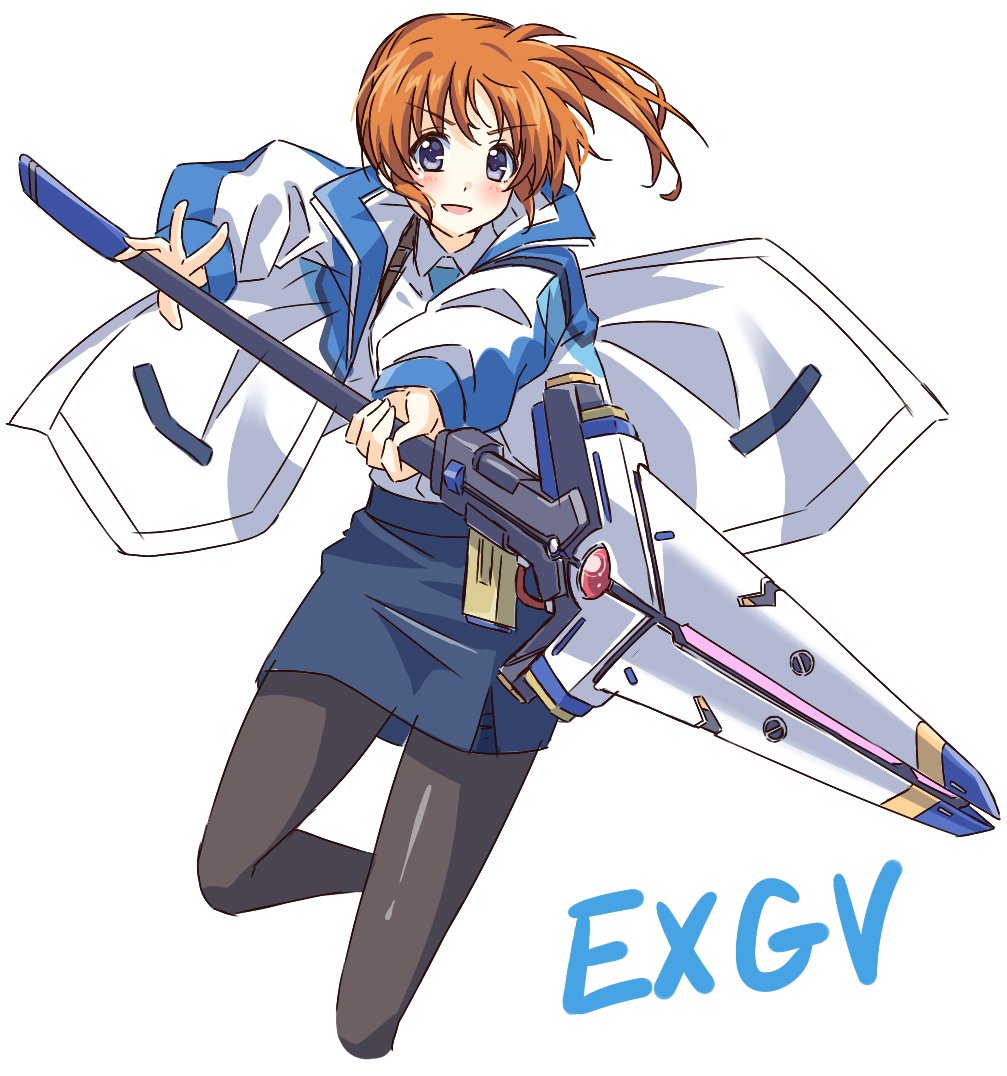 1girl black_pantyhose blue_skirt blush collared_shirt commentary full_body holding holding_weapon jacket long_sleeves looking_at_viewer lyrical_nanoha magazine_(weapon) magical_girl mahou_shoujo_lyrical_nanoha mahou_shoujo_lyrical_nanoha_exceeds:_gun_blaze_vengeance military_uniform open_mouth orange_hair pantyhose pencil_skirt purple_eyes raising_heart shirt short_hair side_ponytail simple_background skirt smile solo takamachi_nanoha weapon white_background white_jacket yorousa_(yoroiusagi)