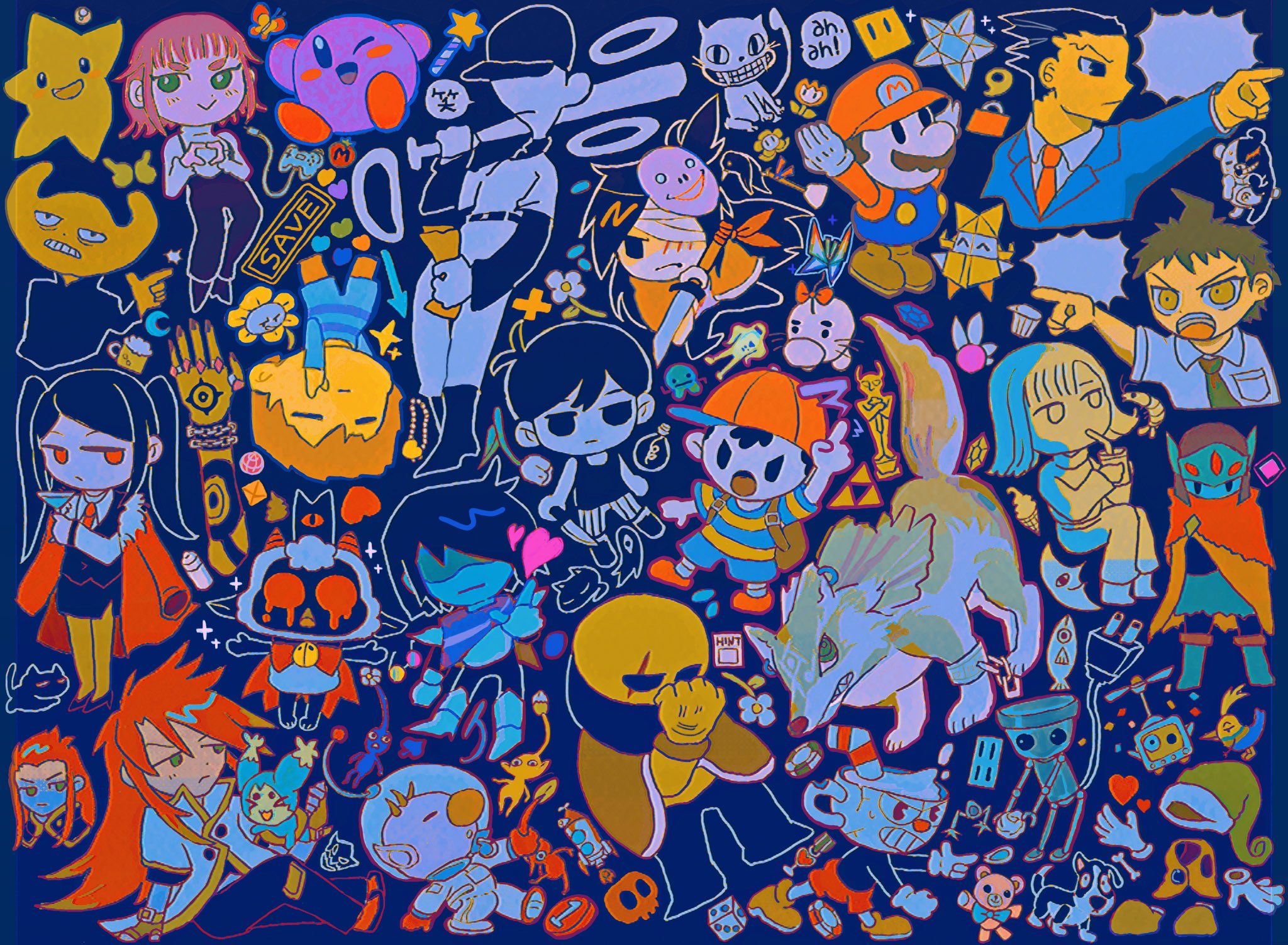 1other 6+boys 6+girls ace_attorney annotation_request backpack bag black_eyes black_hair black_socks black_tank_top blue_pikmin cat character_request chibi-robo! chibi_robo collared_shirt colored_skin copyright_request cult_of_the_lamb cuphead cuphead_(game) danganronpa_(series) deltarune doseisan flowey_(undertale) frisk_(undertale) green_eyes hat highres holding holding_knife hylics jill_stingray kirby kirby_(series) knife kris_(dark_world)_(deltarune) kris_(deltarune) link mani_mani_statue mario mario_(series) maxim_tomato mewo milkymilkyshark monokuma moon_(game) mother_(series) mother_2 multiple_boys multiple_girls necktie ness_(mother_2) nintendo off_(game) olimar omori omori_(omori) paper_mario paper_mario_(character) phoenix_wright red_footwear red_hair red_hat red_necktie red_pikmin shirt shoes sneakers socks something_(omori) spacesuit speech_bubble striped_clothes striped_shirt tank_top telly_vision the_batter_(off) the_legend_of_zelda the_legend_of_zelda:_twilight_princess translation_request triforce undertale va-11_hall-a wayne_(hylics) white_shirt white_skin wolf wolf_link yellow_pikmin yellow_skin
