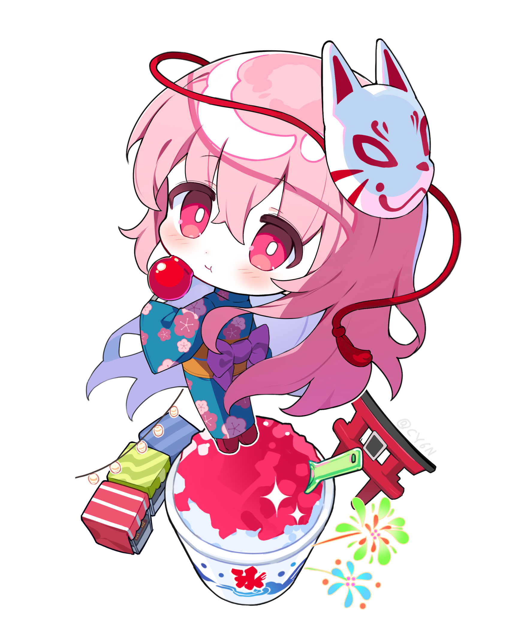 1girl :t alternate_costume artist_name blush bow bright_pupils candy_apple chibi chibi_only closed_mouth commentary cy6n eating fireworks floral_print floral_print_kimono food fox_mask from_above full_body hata_no_kokoro highres holding holding_food japanese_clothes kimono kooribata long_hair long_sleeves looking_at_viewer market_stall mask mask_on_head obi obijime pink_eyes pink_hair plastic_spoon print_kimono purple_bow red_shoes sash shaved_ice shoes simple_background solo sparkle spoon standing torii touhou very_long_hair white_background white_pupils wide_sleeves yukata