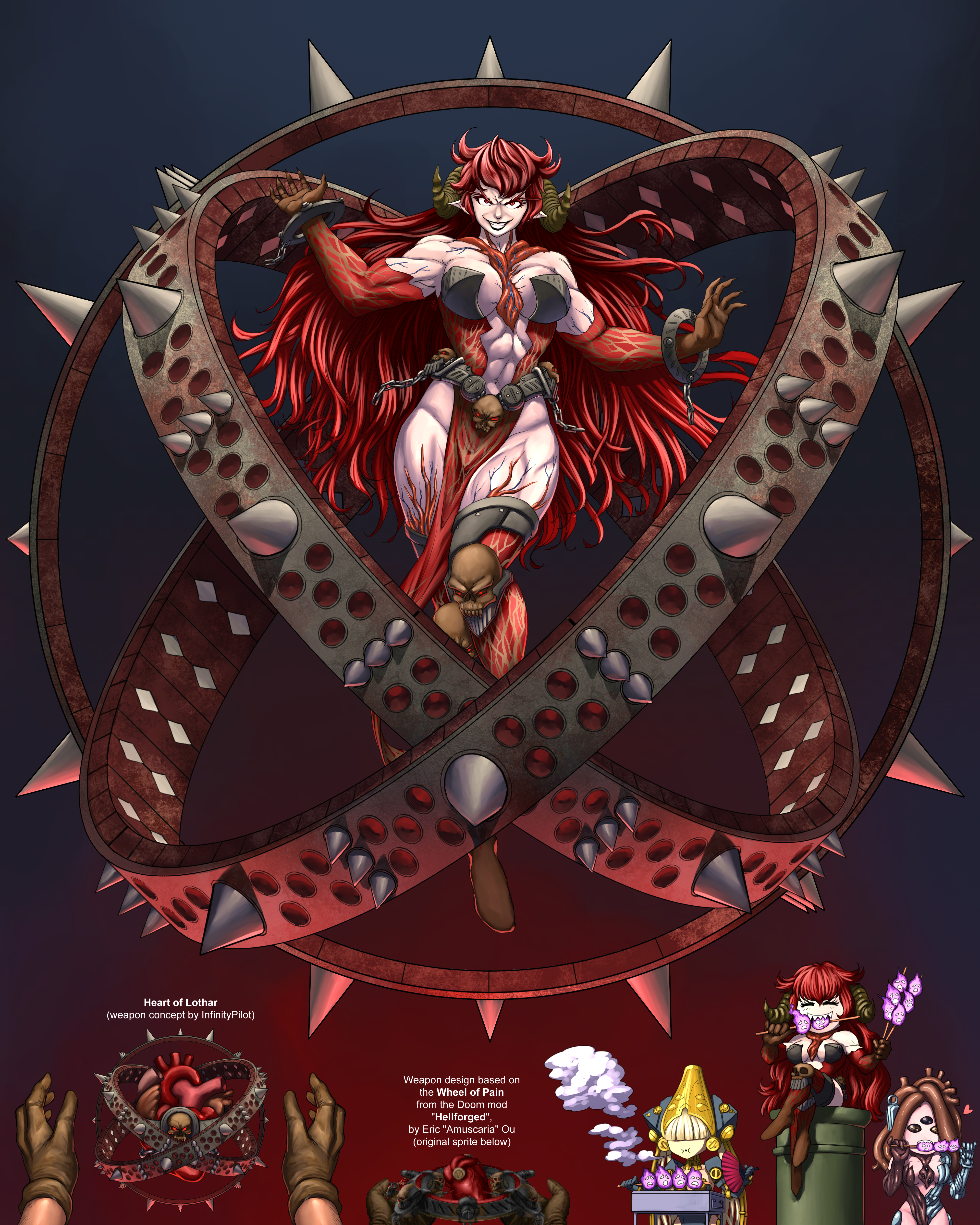 3girls abs absurdres armlet bare_hips bare_shoulders belt bracelet breasts chibi chibi_inset clothing_cutout day_of_wrath_(infinitypilot) demon demon_girl demon_horns doom_(series) doom_eternal evil_eyes evil_grin evil_smile exposed_heart fanfic grin heart heart_(organ) heart_of_lothar_(doom) highres horns humanization jewelry large_breasts long_eyelashes long_hair midriff monster_girl multiple_girls muscular muscular_arms muscular_female muscular_legs occult pelvic_curtain personification red_eyes red_hair revealing_clothes sinister skull smile stomach_cutout substance20 thick_eyelashes thick_thighs thighs veins veiny_arms veiny_breasts veiny_thighs very_long_hair weapon witch