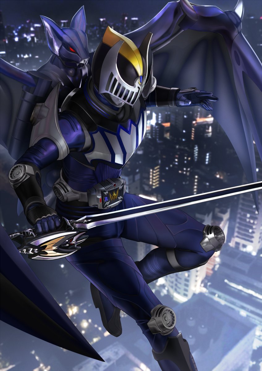 1boy advent_deck bat_(animal) bat_wings belt black_boots boots cape city city_lights cityscape clock commentary_request contract_monster darkwing flying full_body highres kamen_rider kamen_rider_knight kamen_rider_ryuki_(series) knight male_focus masukudo_(hamamoto_hikaru) night night_sky sky solo sword v_buckle weapon wings