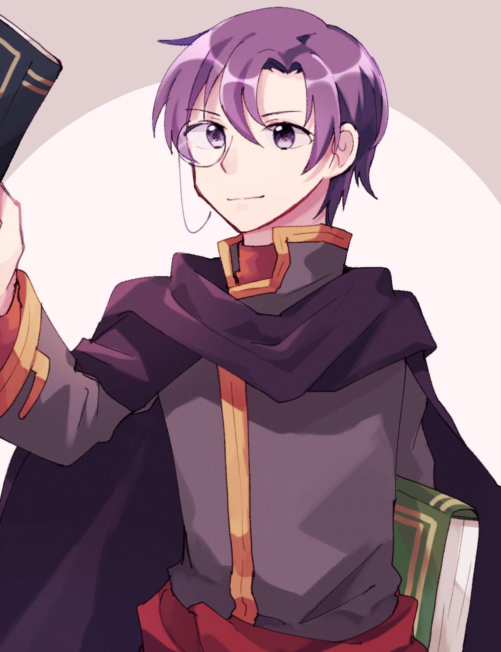 1boy bad_id bad_pixiv_id book canas_(fire_emblem) cape fire_emblem fire_emblem:_the_blazing_blade highres male_focus monocle nintendo purple_eyes purple_hair solo upper_body