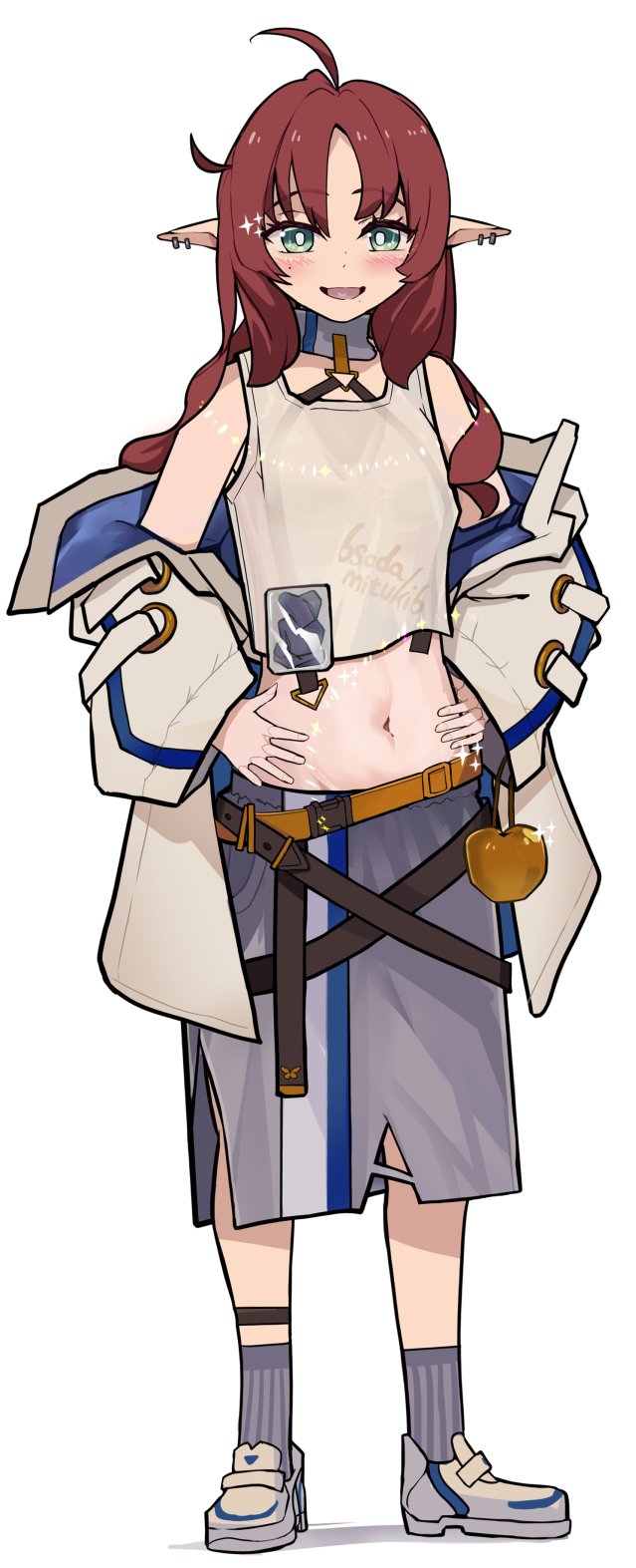 1girl ahoge apple arknights belt blush food fruit golden_apple green_eyes hands_on_own_hips highres jacket looking_at_viewer midriff mitsuoni_souda multiple_belts myrtle_(arknights) navel open_mouth pointy_ears red_hair smile sparkle tank_top white_background white_tank_top