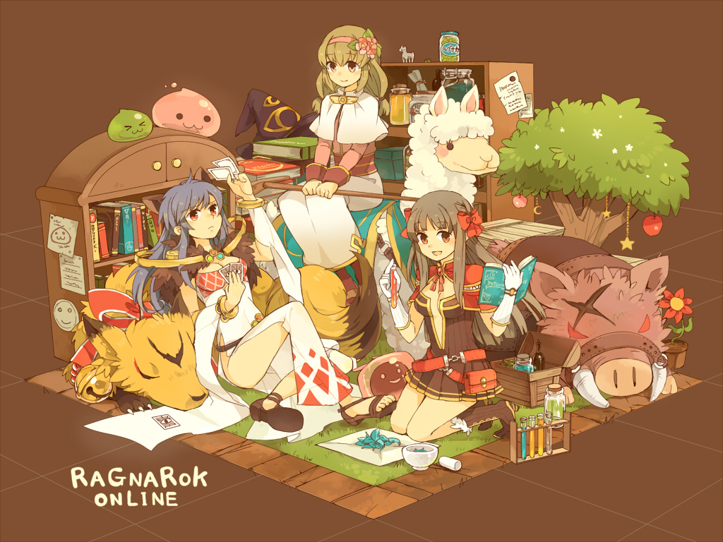 3girls :3 acolyte_(ragnarok_online) alpaca apple argyle_clothes argyle_dress bangle belt boar book bookshelf boots box bracelet breasts brown_dress brown_eyes brown_footwear brown_hair brown_shirt cape capelet card closed_mouth commentary_request creator_(ragnarok_online) detached_sleeves dress flower food fox frown fruit full_body fur-trimmed_footwear fur_collar fur_trim gloves grey_hair hairband hat holding holding_book holding_card holding_staff jar jewelry kneeling light_brown_hair long_hair looking_at_viewer medium_breasts medium_hair mortar_(bowl) multiple_girls nine_tail_(ragnarok_online) open_book open_mouth pantyhose pestle pink_hairband plant poporing poring potted_plant purple_headwear ragnarok_online red_belt red_cape red_eyes red_flower sandals savage_(ragnarok_online) shiroroko shirt shoes short_dress side_slit sidelocks sitting skirt sleeveless sleeveless_dress slime_(creature) smile sorcerer_(ragnarok_online) staff test_tube unworn_hat unworn_headwear vanilmirth_(ragnarok_online) vial white_capelet white_dress white_gloves white_skirt white_sleeves witch_hat