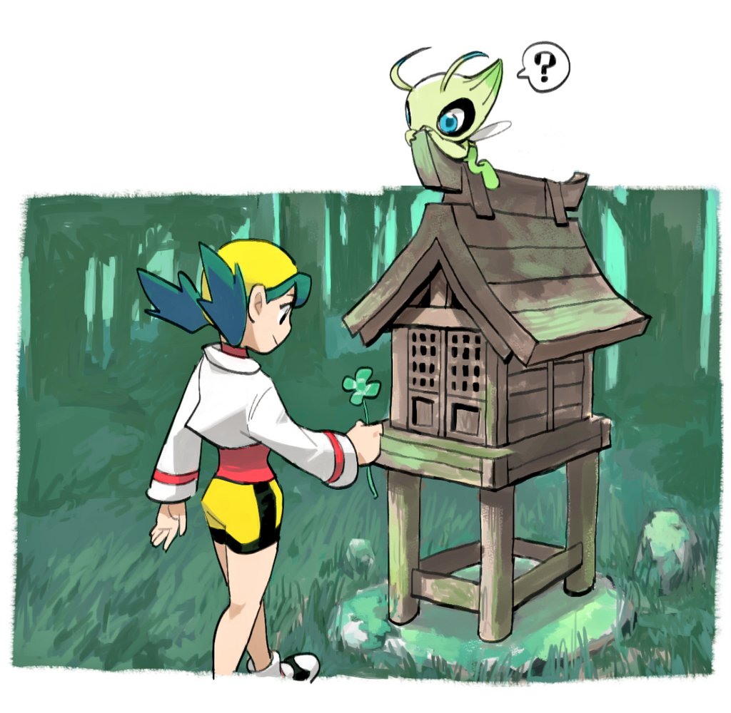 1girl ? bike_shorts blue_eyes celebi commentary_request cropped_jacket curious forest gen_2_pokemon green_hair ilex_forest jacket kochi8i kris_(pokemon) legendary_pokemon looking_down mythical_pokemon nature nintendo pokemon pokemon_(creature) pokemon_gsc red_shirt shirt shrine smile walking white_jacket yellow_headwear yellow_legwear
