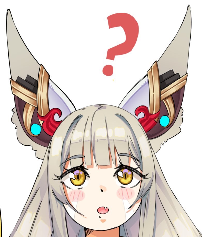 1girl ? animal_ear_fluff animal_ears cat_ears commentary dot_nose english_commentary eyelashes fang grey_hair i_am_anddo long_hair nia_(xenoblade) open_mouth portrait simple_background skin_fang slit_pupils solo white_background xenoblade_chronicles_(series) xenoblade_chronicles_2 yellow_eyes