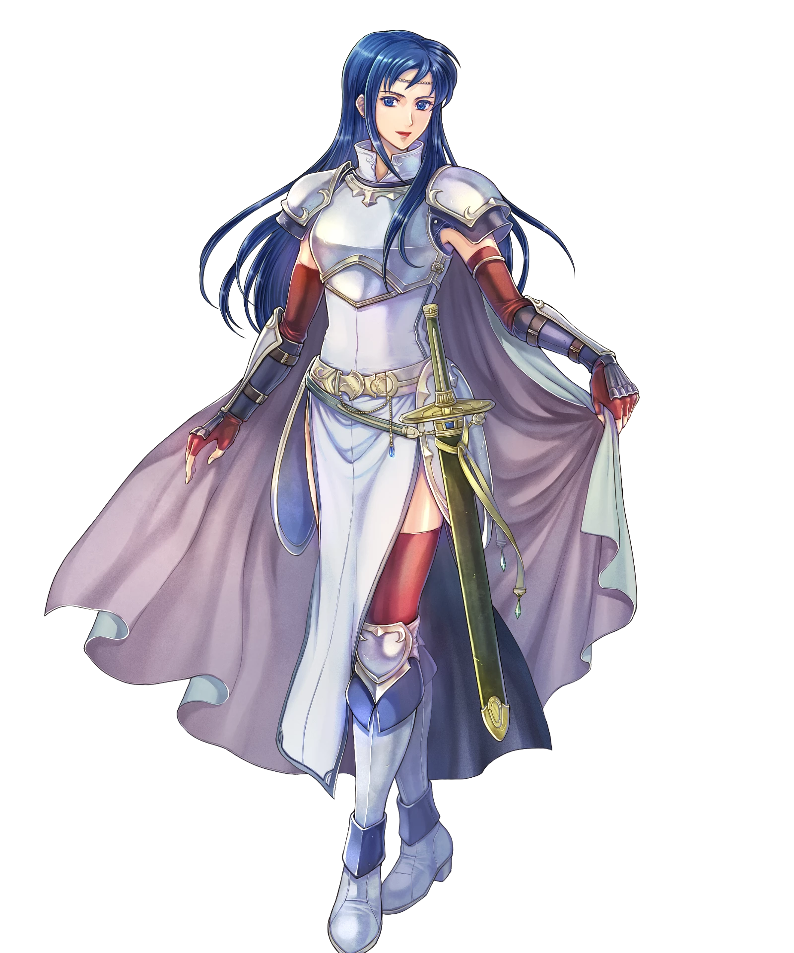 1girl armor blue_eyes blue_hair breastplate cape elbow_gloves fire_emblem fire_emblem:_the_blazing_blade fire_emblem_heroes gloves highres isadora_(fire_emblem) long_hair nintendo non-web_source official_art pelvic_curtain shoulder_armor solo sword takaya_tomohide vambraces weapon white_cape