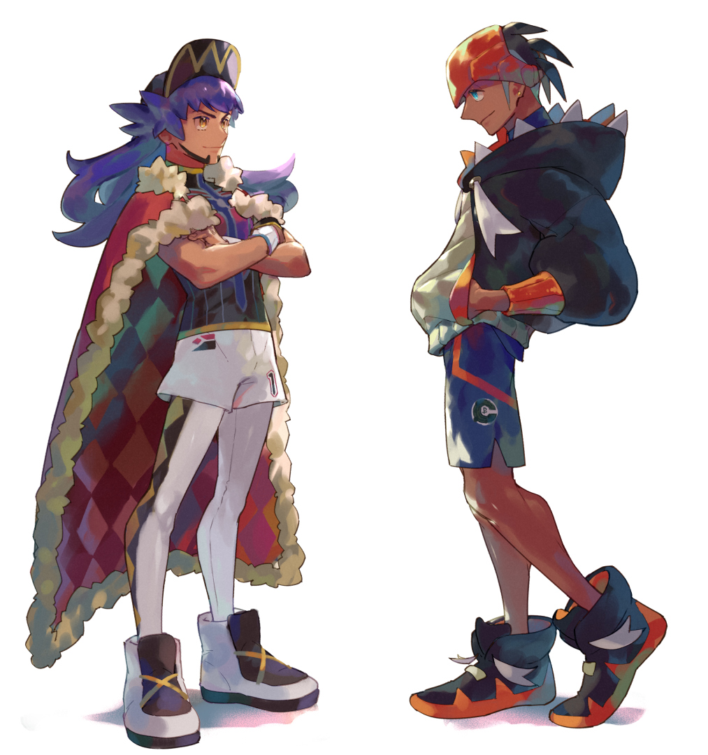 2boys argyle baseball_cap black_footwear black_hair black_hoodie cape champion_uniform closed_mouth commentary_request crossed_arms dark-skinned_male dark_skin dynamax_band earrings facial_hair fur-trimmed_cape fur_trim gloves gym_leader hand_in_pocket hat hood hoodie jewelry leggings leon_(pokemon) long_hair male_focus multiple_boys nintendo pokemon pokemon_swsh purple_hair raihan_(pokemon) red_cape shield_print shirt shoes short_hair short_shorts short_sleeves shorts side_slit side_slit_shorts single_glove smile standing suruga_dbh sword_print undercut white_background white_legwear white_shorts yellow_eyes