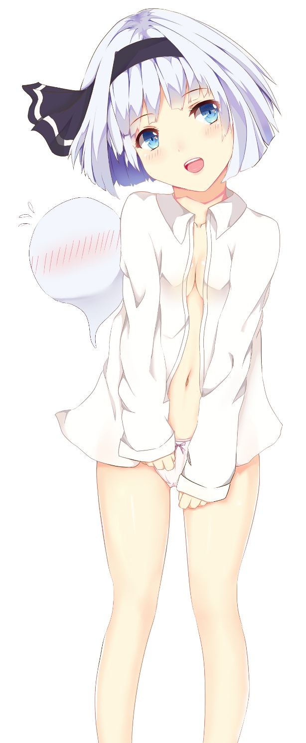 1girl bad_id bad_pixiv_id blue_eyes blush breasts cleavage dress_shirt female_focus hairband highres konpaku_youmu konpaku_youmu_(ghost) navel nearly_naked_shirt no_bra no_pants open_clothes open_mouth open_shirt panties puririn shirt short_hair silver_hair small_breasts smile solo touhou underwear white_panties