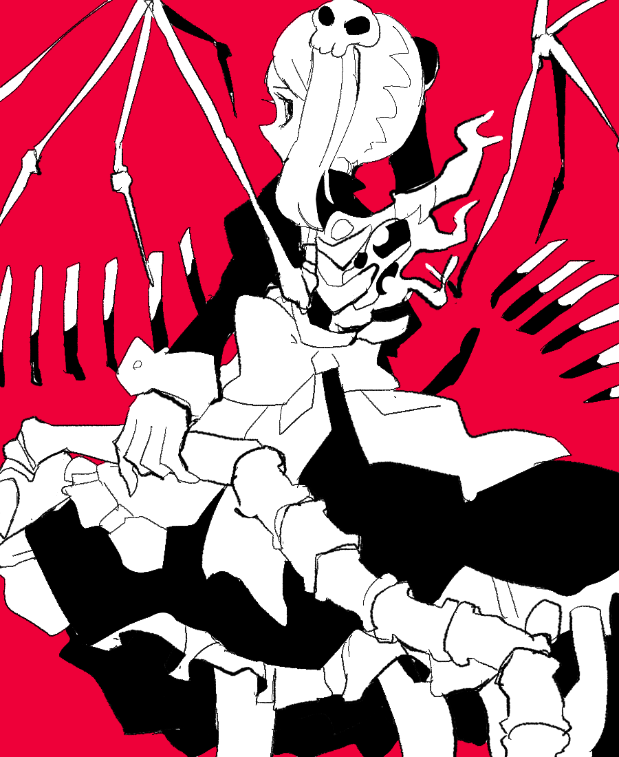 1girl apron bloody_marie_(skullgirls) bone dress frilled_apron frilled_dress frills greyscale looking_at_viewer looking_back maid_headdress monochrome red_background skull_heart skullgirls solo soumenhiyamugi twintails vacuum_cleaner wings
