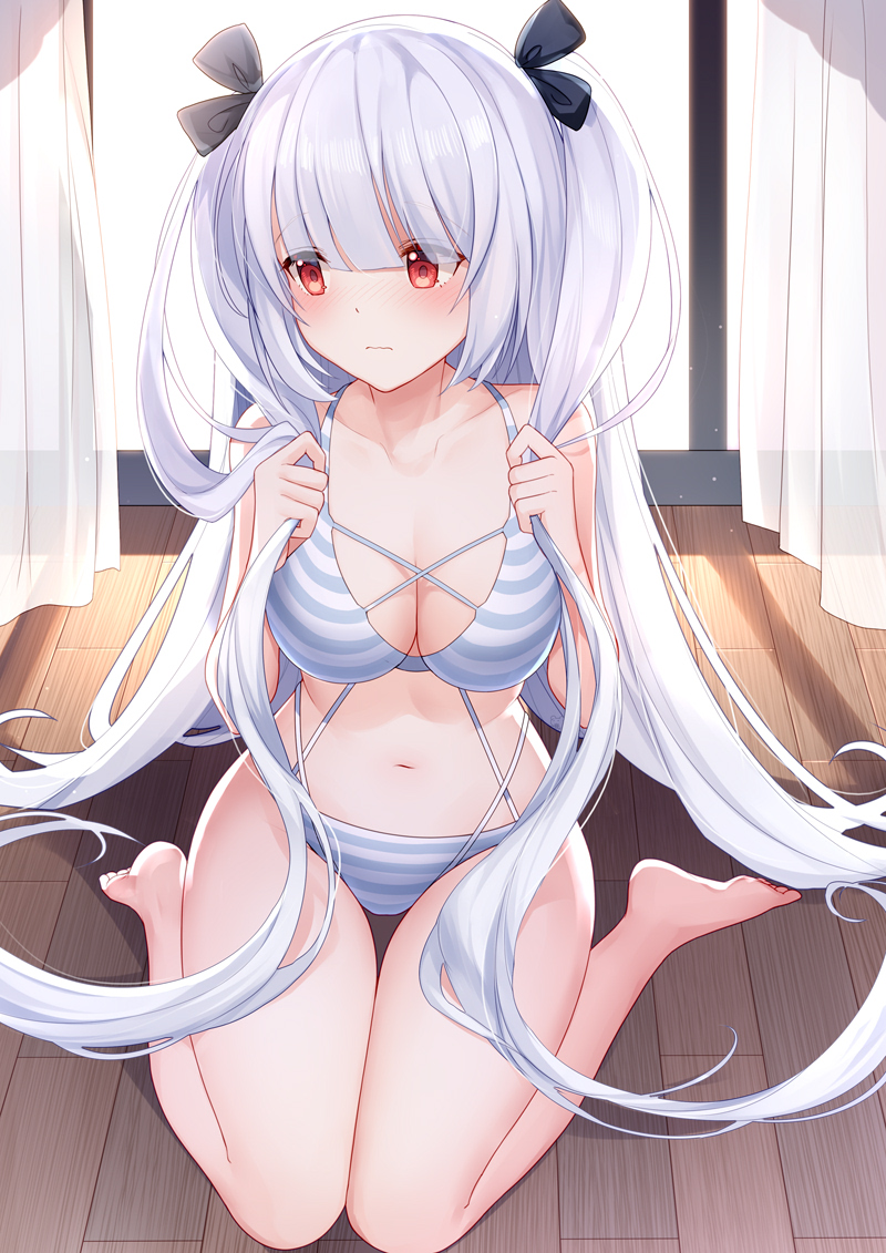 1girl bare_arms bare_legs bare_shoulders barefoot bikini bison_cangshu black_ribbon blush breasts cleavage closed_mouth collarbone curtains essex_(warship_girls_r) hair_ribbon holding holding_own_hair indoors large_breasts long_hair looking_to_the_side navel red_eyes ribbon sitting solo striped_bikini striped_clothes swimsuit thighs twintails two_side_up very_long_hair wariza warship_girls_r white_hair window wooden_floor
