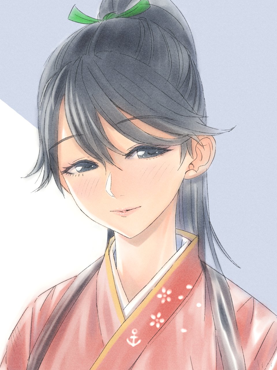 1girl anchor_symbol black_eyes black_hair commentary_request grey_background highres houshou_(kancolle) japanese_clothes kantai_collection kimono pink_kimono pink_lips ponytail portrait smile solo yuichi_(sp_sakura_yoshi)