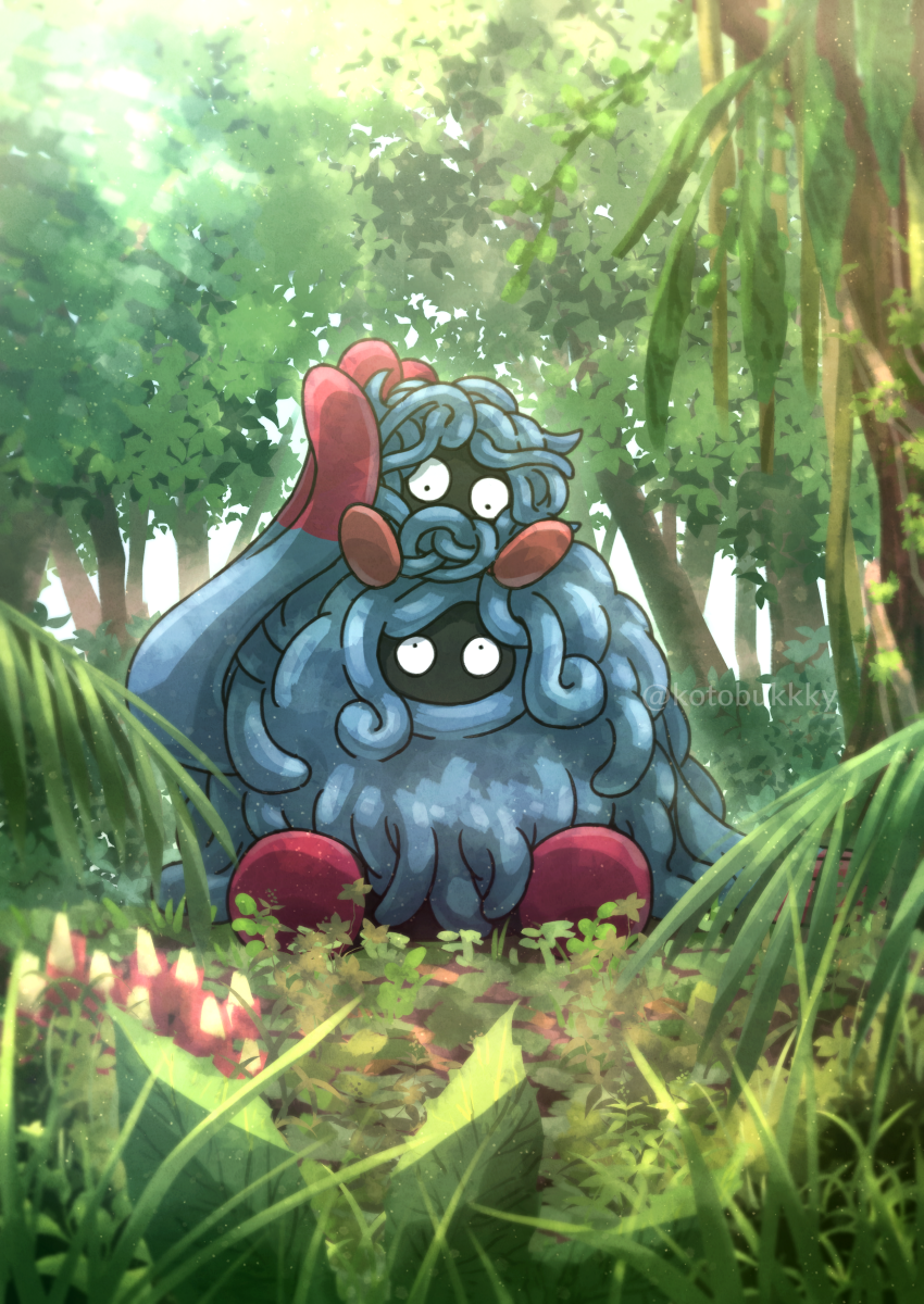 black_eyes commentary_request day evolutionary_line eye_contact forest gen_1_pokemon gen_4_pokemon highres kotobukkii_(yt_lvlv) looking_at_another nature nintendo no_humans outdoors pokemon pokemon_(creature) sitting tangela tangrowth tree watermark