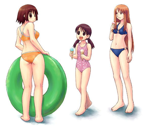 3girls :p ass ayase_asagi ayase_ena ayase_fuuka barefoot bikini brown_eyes brown_hair emoncake. feet food from_behind happy ice_cream innertube long_hair multiple_girls one-piece_swimsuit open_mouth short_hair short_twintails sidelocks smile striped_bikini striped_clothes swim_ring swimsuit thick_eyebrows tongue tongue_out twintails yotsubato!