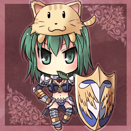 1girl animal animal_on_head armor armored_boots bikini_armor black_thighhighs blush boots brown_background brown_cat cat cat_on_head chibi chibi_only commentary_request cross cross_necklace cross_of_prontera full_body gauntlets green_eyes green_hair holding holding_shield jewelry leaf_in_mouth looking_at_viewer midriff navel necklace nekoparaiso on_head pauldrons ragnarok_online royal_guard_(ragnarok_online) shield short_hair shoulder_armor solo thighhighs