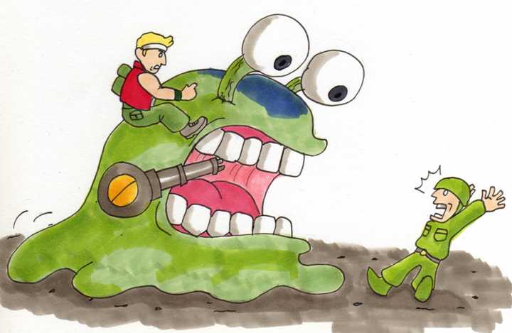 black_eyes blonde_hair digimon digimon_(creature) helmet looking_at_another marco_rossi metal_slug numemon slug teeth