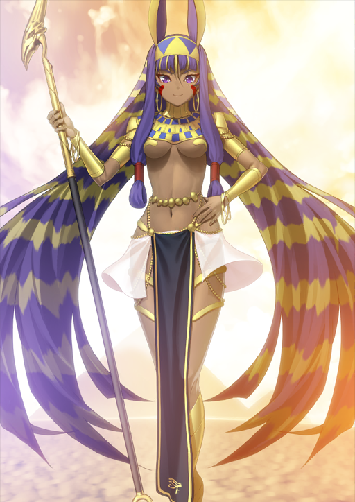 1girl ancient_egyptian_clothes animal_ears armor bangle blonde_hair boots bracelet bracer breasts breasts_apart closed_mouth dark-skinned_female dark_skin earrings extra_ears eye_of_horus facial_mark fate/grand_order fate_(series) feet_out_of_frame gold_armor gold_boots gold_collar gold_earrings hand_on_own_hip hand_up headband holding holding_staff hoop_earrings jackal_ears jewelry legs_together long_hair long_sidelocks looking_at_viewer low-tied_sidelocks medium_breasts multicolored_hair navel nitocris_(fate) nitocris_(third_ascension)_(fate) official_art pelvic_curtain purple_eyes purple_hair pyramid_(structure) sand shima_udon shoulder_armor sidelocks smile solo staff standing third-party_source two-tone_hair underboob variant_set very_long_hair yellow_background