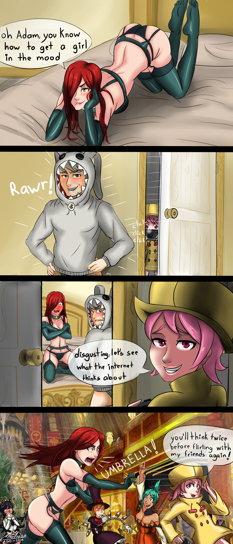 2boys 5girls adam_kapowski annie_(skullgirls) annie_(skullgirls)_(cosplay) bare_shoulders bed black_hair blush breasts camera cerebella_(skullgirls) charleian cleavage closed_eyes comic cosplay covering_own_mouth dark_skin detached_sleeves english_text eyeshadow filia_(skullgirls) gloves grey_hair hat highres hood hoodie large_breasts lingerie long_hair makeup mechanical_arms multiple_boys multiple_girls necktie orange_hair parasoul_(skullgirls) peacock_(skullgirls) pink_eyes pink_hair raincoat red_hair sagan_(skullgirls) sagan_(skullgirls)_(cosplay) samson_(skullgirls) sharp_teeth short_hair skullgirls teeth thighhighs top_hat umbrella_(skullgirls) underwear whistling yellow_eyes