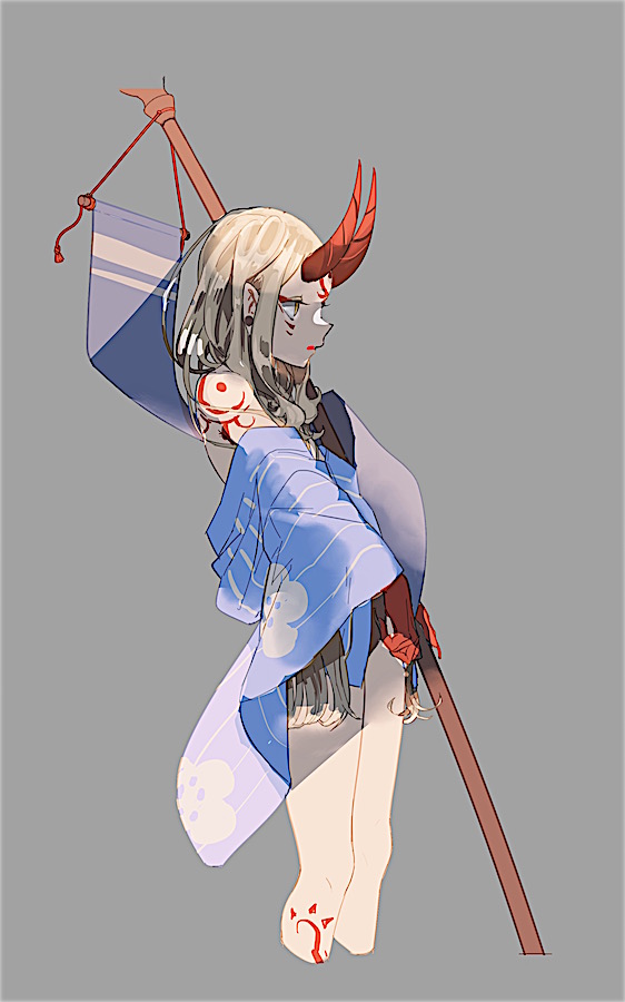 1girl banner bare_shoulders bikini black_bikini blonde_hair blue_kimono body_markings cropped_legs earrings facial_mark fate/grand_order fate_(series) fingernails forehead_mark grey_background horns ibaraki_douji_(fate) ibaraki_douji_(fate/grand_order) ibaraki_douji_(swimsuit_lancer)_(fate) ibaraki_douji_(swimsuit_lancer)_(first_ascension)_(fate) isagiyo japanese_clothes jewelry kimono long_hair off_shoulder oni oni_horns pointy_ears profile sharp_fingernails short_kimono simple_background solo swimsuit yellow_eyes