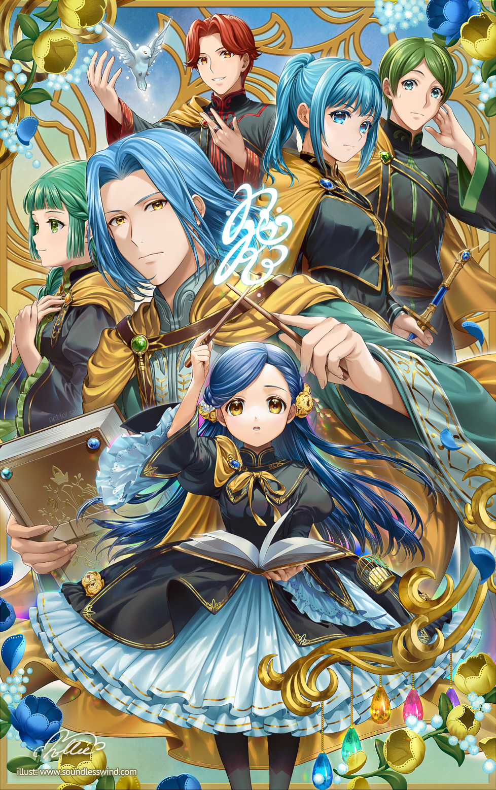 3boys 3girls angelica_(honzuki_no_gekokujou) arm_up bird black_dress blue_eyes blue_hair book cage cape cornelius_(honzuki_no_gekokujou) crystal dress ferdinand_(honzuki_no_gekokujou) flower glint gold_trim hair_flower hair_ornament hand_up hands_up hartmut_(honzuki_no_gekokujou) highres holding holding_book holding_sword holding_wand holding_weapon honzuki_no_gekokujou kaze-hime lieseleta_(honzuki_no_gekokujou) light_blue_hair long_hair magic myne_(honzuki_no_gekokujou) multiple_boys multiple_girls open_book ponytail school_uniform sheath sheathed sword wand watermark weapon web_address white_bird wide_sleeves yellow_cape yellow_eyes