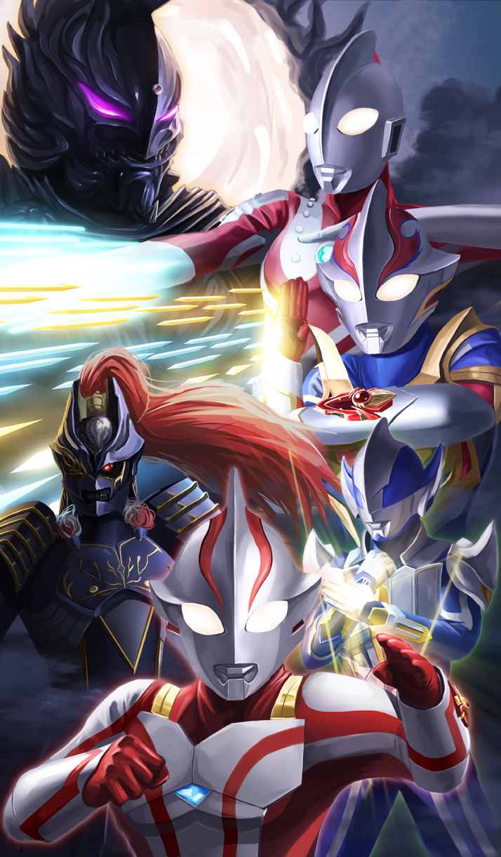 6+boys empera_seijin glowing glowing_eyes highres hokuto_(hokuto_pk) hunter_knight_tsurugi male_focus monster multiple_boys ultra_series ultraman ultraman_hikari ultraman_mebius ultraman_mebius_(mebius_phoenix_brave) ultraman_mebius_(series) zamshaa zoffy_(shin)